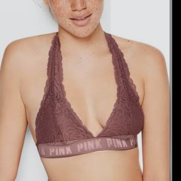 PINK Victoria's Secret Mauve Lace Halter Bralette - Picture 1 of 14